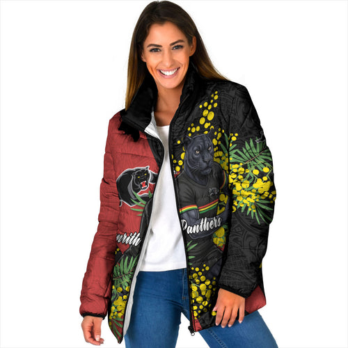 Penrith Panthers Padded Jacket Golden Wattle Floral Polynesian - Australian Flower - Rugby Mascot