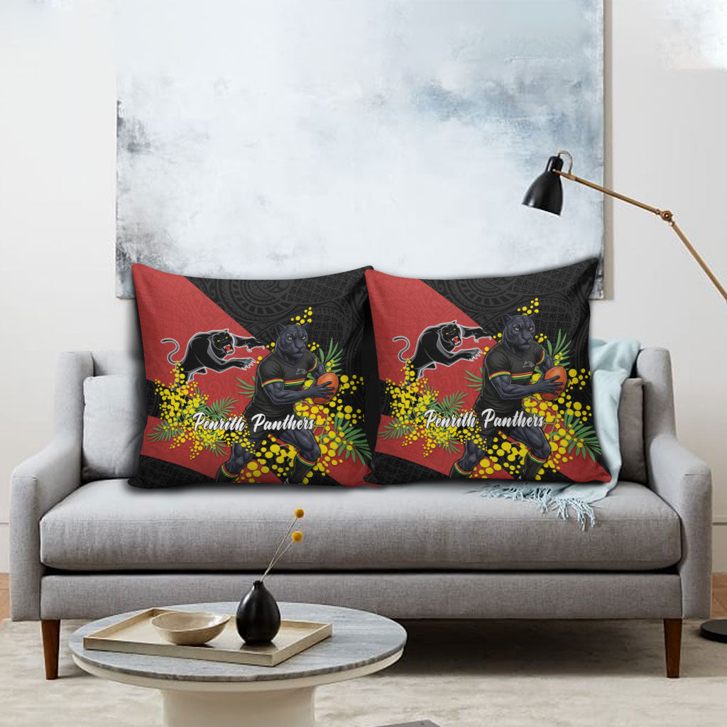 Penrith Panthers Pillow Cover Golden Wattle Floral Polynesian - Australian Flower - Rugby Mascot