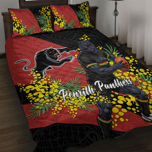 Penrith Panthers Quilt Bed Set Golden Wattle Floral Polynesian - Australian Flower - Rugby Mascot