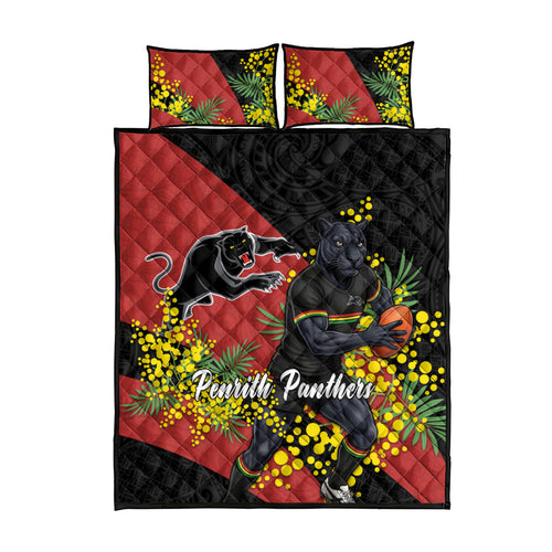 Penrith Panthers Quilt Bed Set Golden Wattle Floral Polynesian - Australian Flower - Rugby Mascot