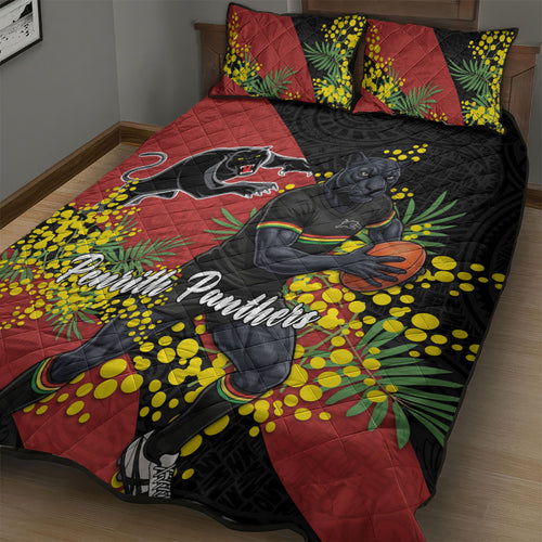 Penrith Panthers Quilt Bed Set Golden Wattle Floral Polynesian - Australian Flower - Rugby Mascot