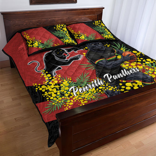 Penrith Panthers Quilt Bed Set Golden Wattle Floral Polynesian - Australian Flower - Rugby Mascot