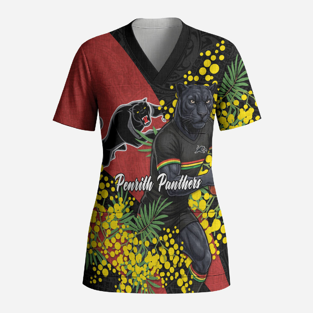 Penrith Panthers Scrub Top Golden Wattle Floral Polynesian - Australian Flower - Rugby Mascot