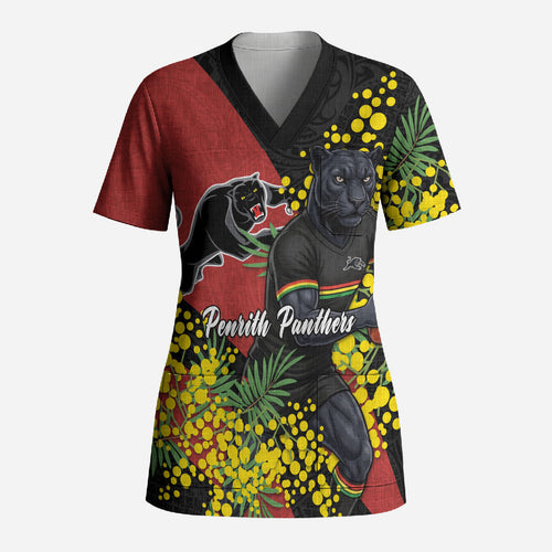 Penrith Panthers Scrub Top Golden Wattle Floral Polynesian - Australian Flower - Rugby Mascot