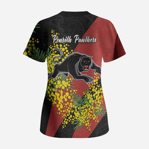 Penrith Panthers Scrub Top Golden Wattle Floral Polynesian - Australian Flower - Rugby Mascot