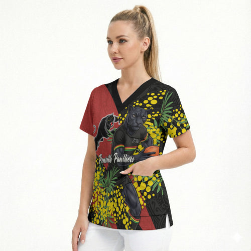 Penrith Panthers Scrub Top Golden Wattle Floral Polynesian - Australian Flower - Rugby Mascot