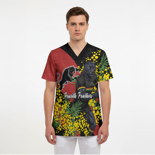 Penrith Panthers Scrub Top Golden Wattle Floral Polynesian - Australian Flower - Rugby Mascot