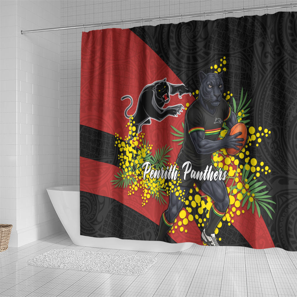 Penrith Panthers Shower Curtain Golden Wattle Floral Polynesian - Australian Flower - Rugby Mascot