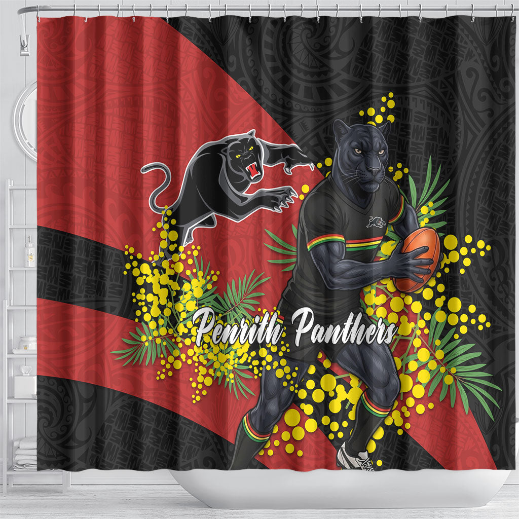 Penrith Panthers Shower Curtain Golden Wattle Floral Polynesian - Australian Flower - Rugby Mascot