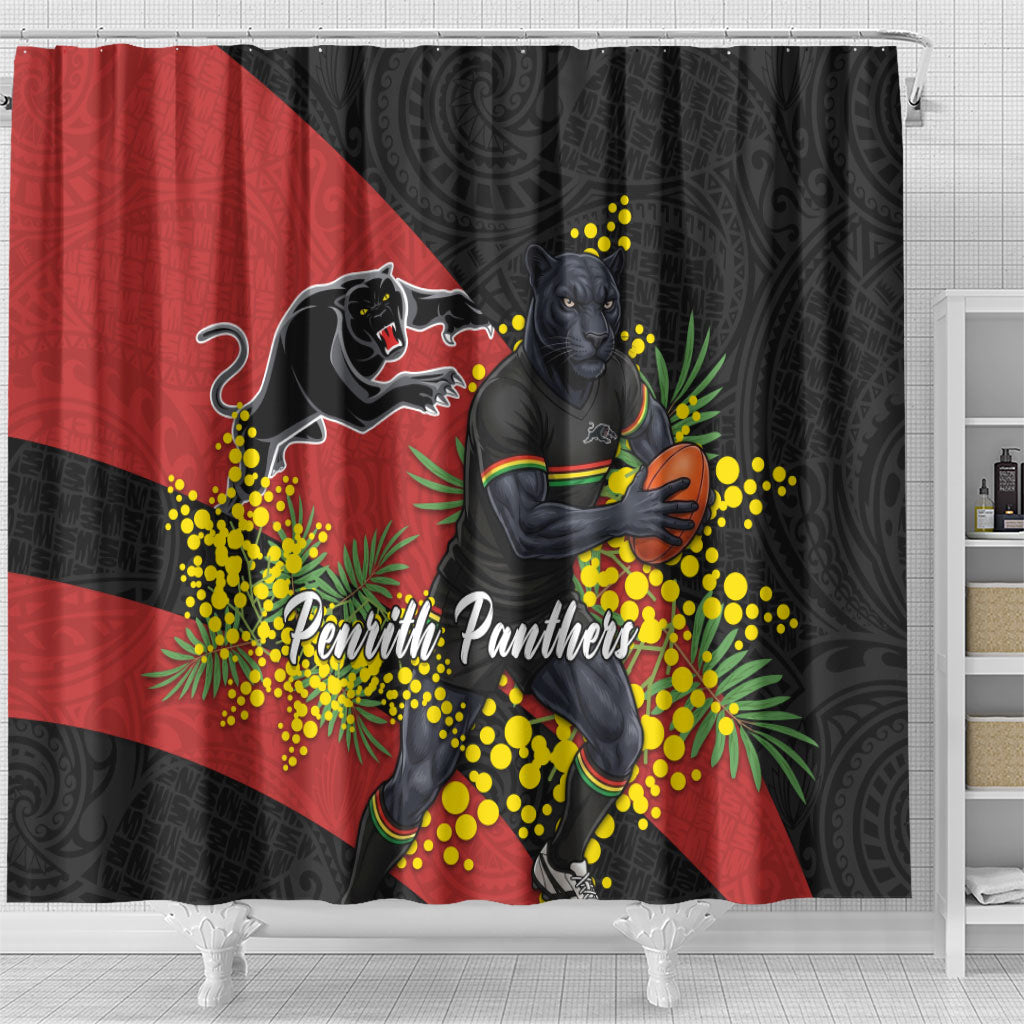 Penrith Panthers Shower Curtain Golden Wattle Floral Polynesian - Australian Flower - Rugby Mascot