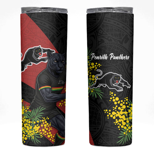 Penrith Panthers Skinny Tumbler Golden Wattle Floral Polynesian - Australian Flower - Rugby Mascot