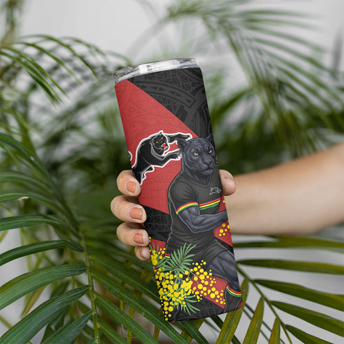 Penrith Panthers Skinny Tumbler Golden Wattle Floral Polynesian - Australian Flower - Rugby Mascot
