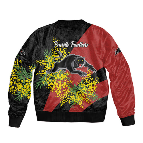 Penrith Panthers Sleeve Zip Bomber Jacket Golden Wattle Floral Polynesian - Australian Flower - Rugby Mascot