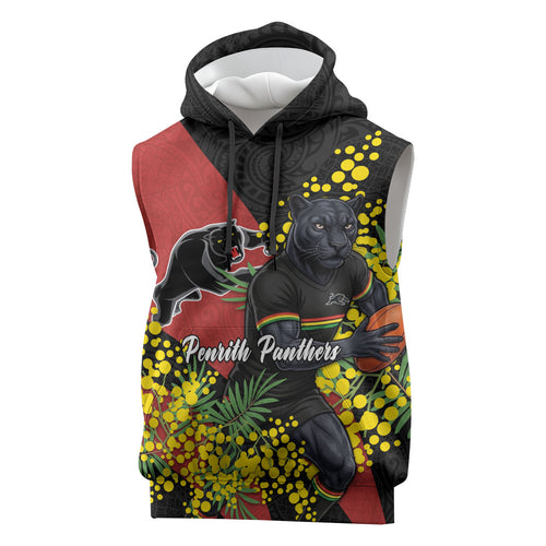 Penrith Panthers Sleeveless Hoodie Golden Wattle Floral Polynesian - Australian Flower - Rugby Mascot