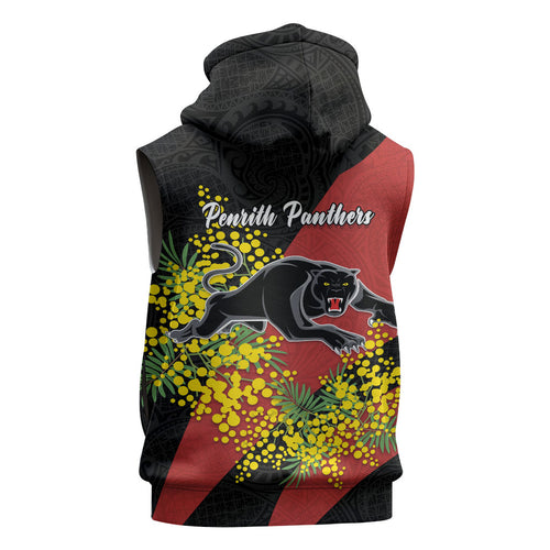 Penrith Panthers Sleeveless Hoodie Golden Wattle Floral Polynesian - Australian Flower - Rugby Mascot