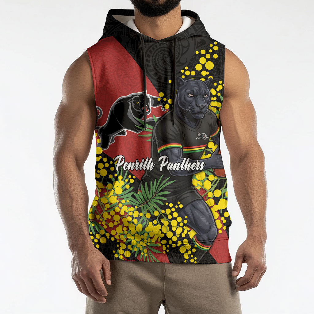 Penrith Panthers Sleeveless Hoodie Golden Wattle Floral Polynesian - Australian Flower - Rugby Mascot