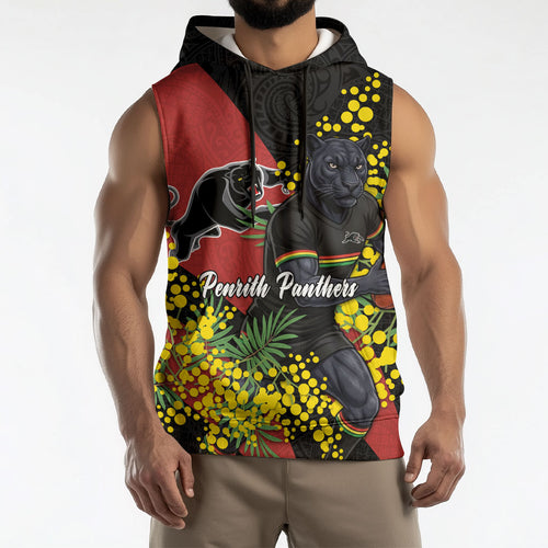 Penrith Panthers Sleeveless Hoodie Golden Wattle Floral Polynesian - Australian Flower - Rugby Mascot