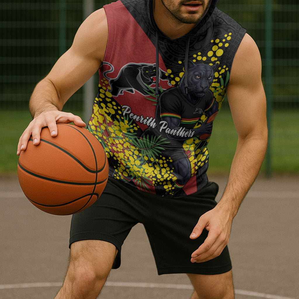 Penrith Panthers Sleeveless Hoodie Golden Wattle Floral Polynesian - Australian Flower - Rugby Mascot