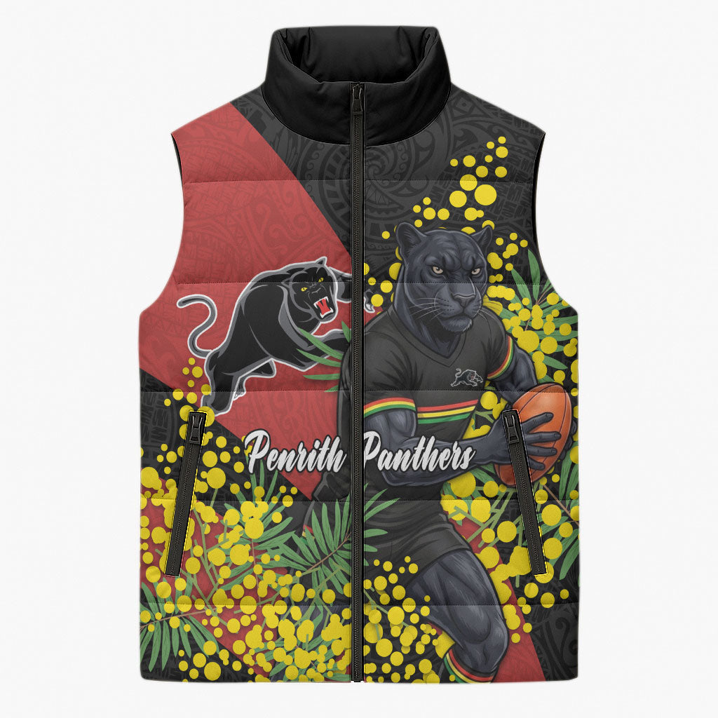 Penrith Panthers Sleeveless Puffer Jacket Golden Wattle Floral Polynesian - Australian Flower - Rugby Mascot