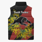 Penrith Panthers Sleeveless Puffer Jacket Golden Wattle Floral Polynesian - Australian Flower - Rugby Mascot