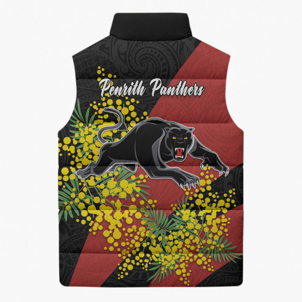Penrith Panthers Sleeveless Puffer Jacket Golden Wattle Floral Polynesian - Australian Flower - Rugby Mascot