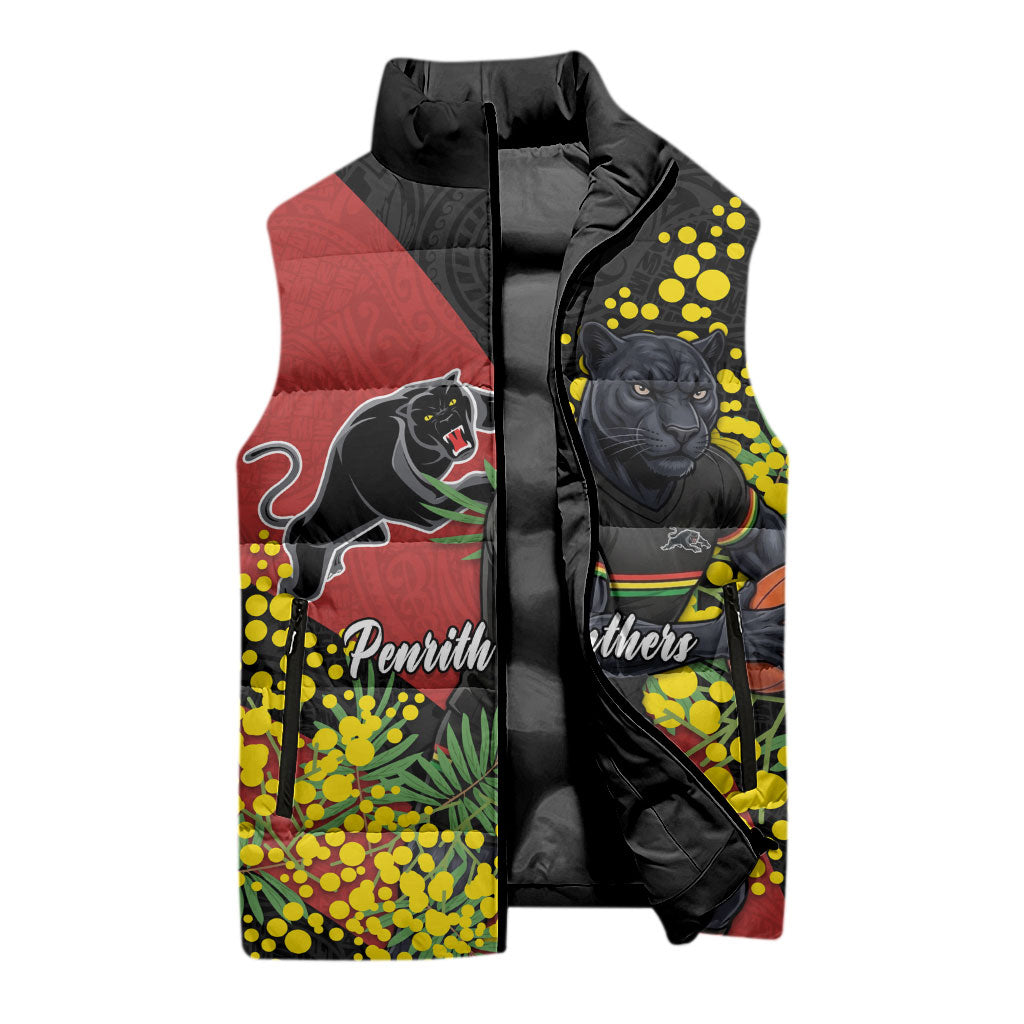 Penrith Panthers Sleeveless Puffer Jacket Golden Wattle Floral Polynesian - Australian Flower - Rugby Mascot