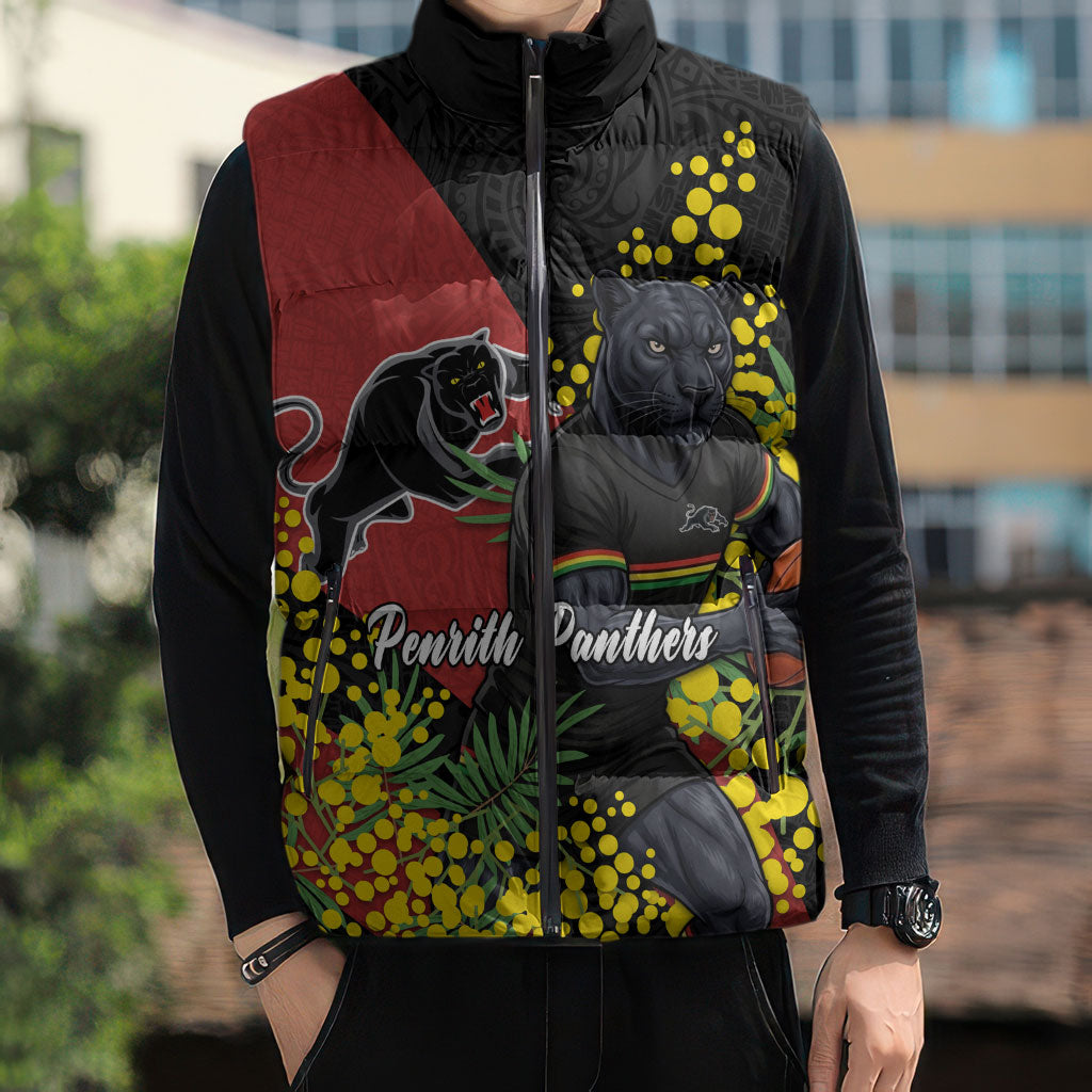 Penrith Panthers Sleeveless Puffer Jacket Golden Wattle Floral Polynesian - Australian Flower - Rugby Mascot