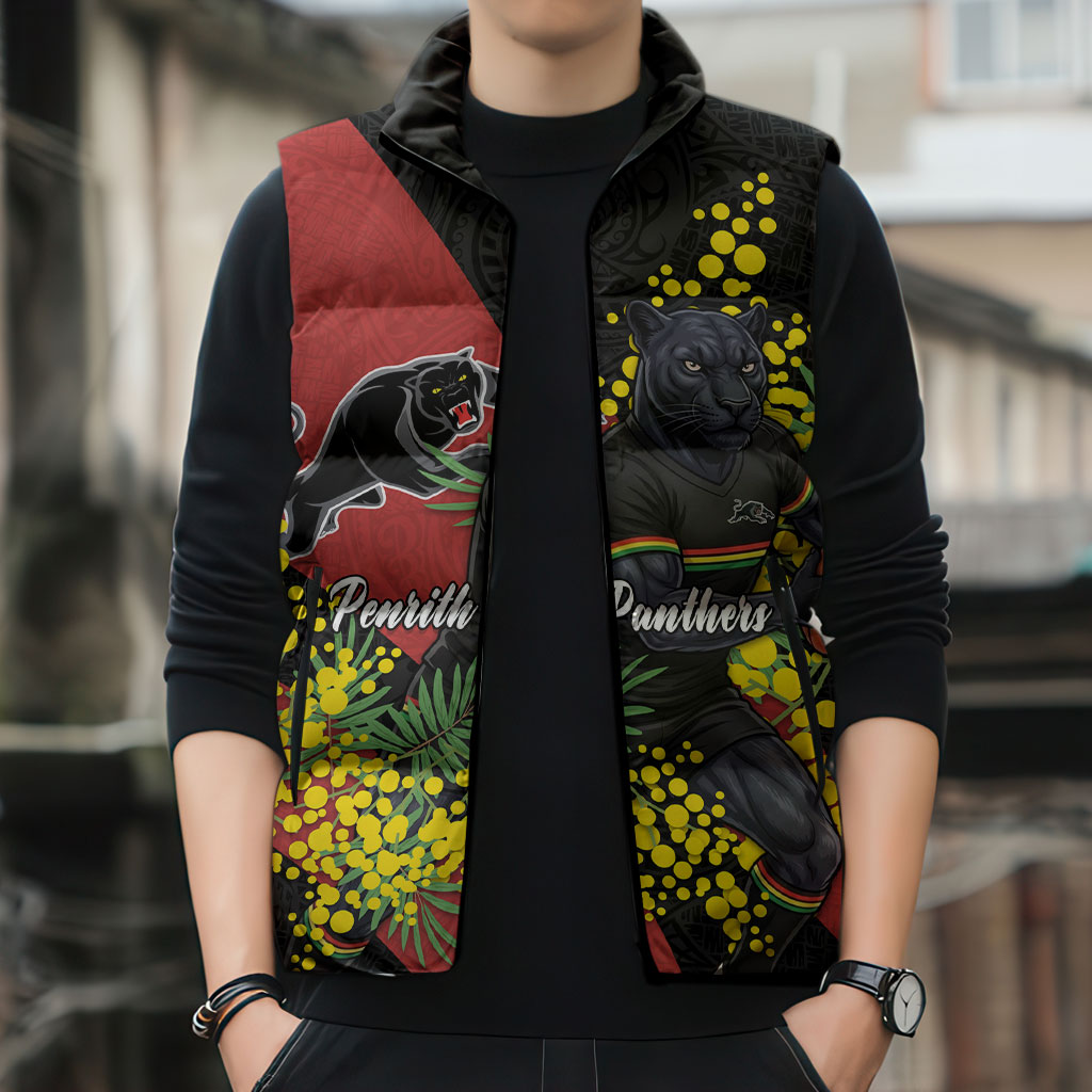 Penrith Panthers Sleeveless Puffer Jacket Golden Wattle Floral Polynesian - Australian Flower - Rugby Mascot