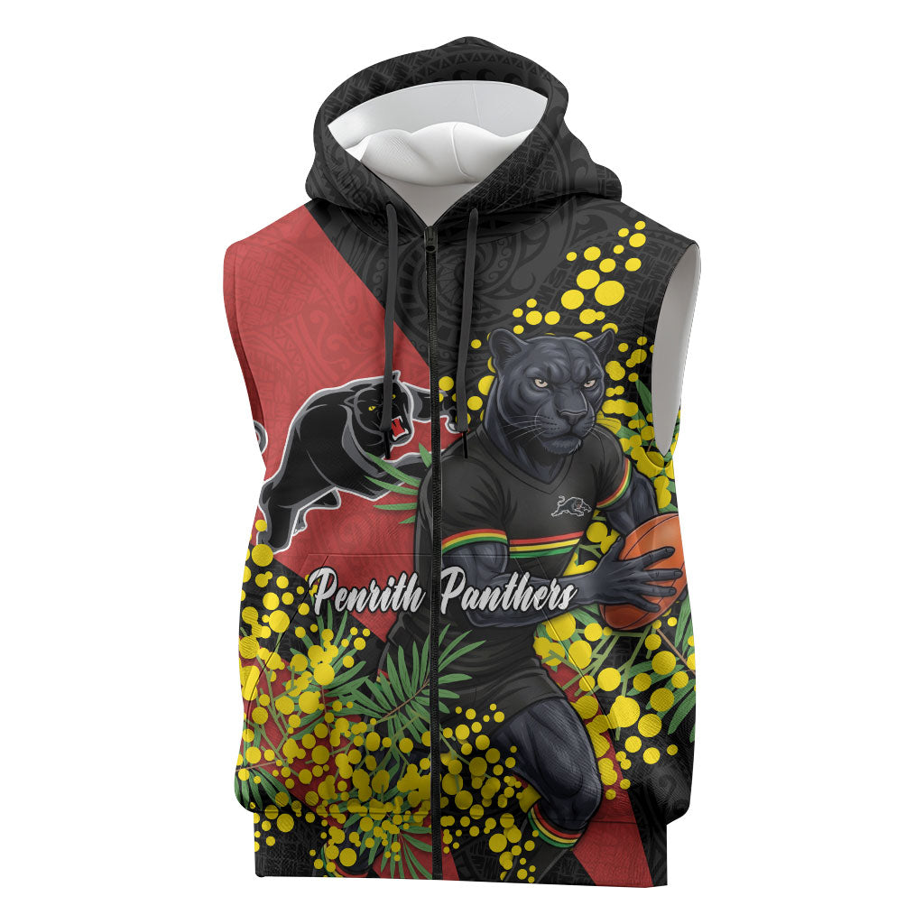 Penrith Panthers Sleeveless Zip Hoodie Golden Wattle Floral Polynesian - Australian Flower - Rugby Mascot