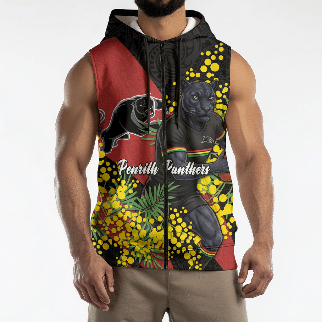 Penrith Panthers Sleeveless Zip Hoodie Golden Wattle Floral Polynesian - Australian Flower - Rugby Mascot