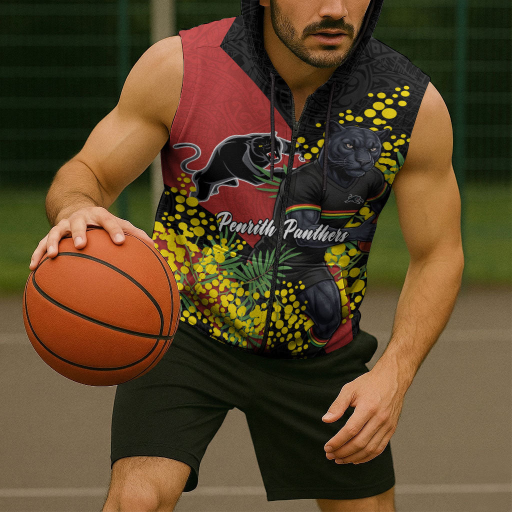 Penrith Panthers Sleeveless Zip Hoodie Golden Wattle Floral Polynesian - Australian Flower - Rugby Mascot
