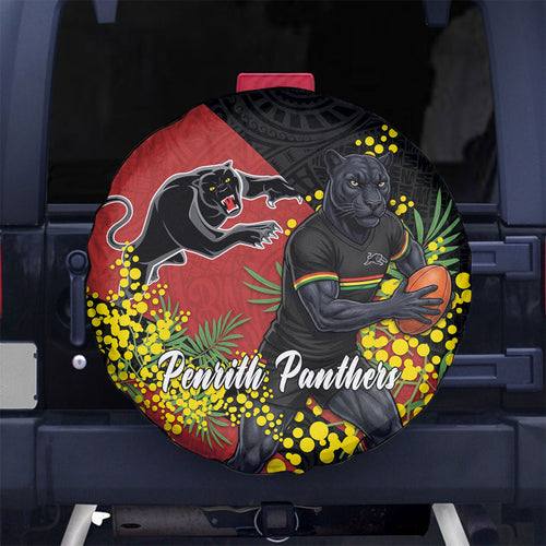 Penrith Panthers Spare Tire Cover Golden Wattle Floral Polynesian - Australian Flower - Rugby Mascot
