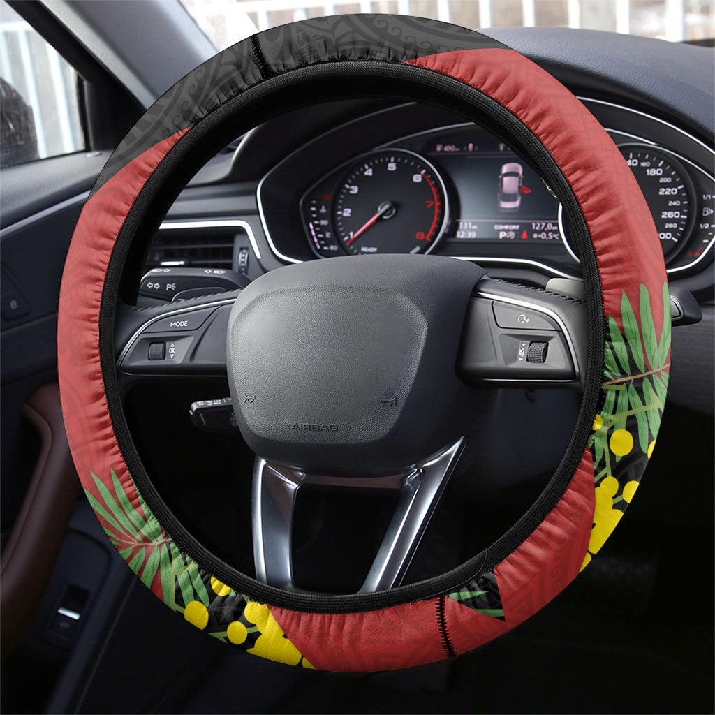 Penrith Panthers Steering Wheel Cover Golden Wattle Floral Polynesian - Australian Flower - Rugby Mascot