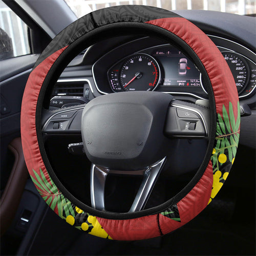 Penrith Panthers Steering Wheel Cover Golden Wattle Floral Polynesian - Australian Flower - Rugby Mascot