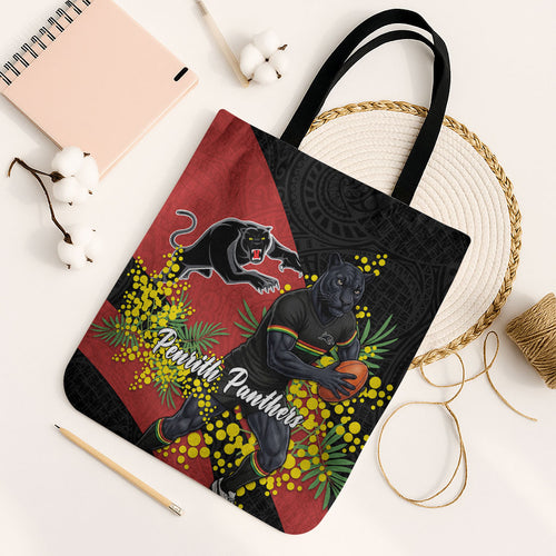 Penrith Panthers Tote Bag Golden Wattle Floral Polynesian - Australian Flower - Rugby Mascot