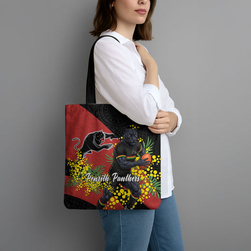 Penrith Panthers Tote Bag Golden Wattle Floral Polynesian - Australian Flower - Rugby Mascot