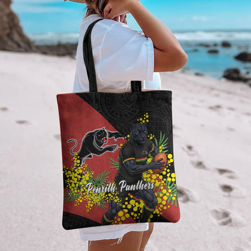 Penrith Panthers Tote Bag Golden Wattle Floral Polynesian - Australian Flower - Rugby Mascot