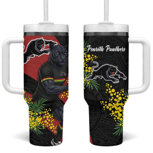 Penrith Panthers Tumbler With Handle Golden Wattle Floral Polynesian - Australian Flower - Rugby Mascot