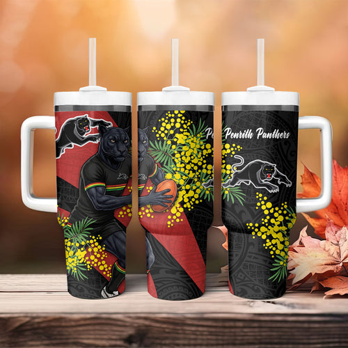 Penrith Panthers Tumbler With Handle Golden Wattle Floral Polynesian - Australian Flower - Rugby Mascot