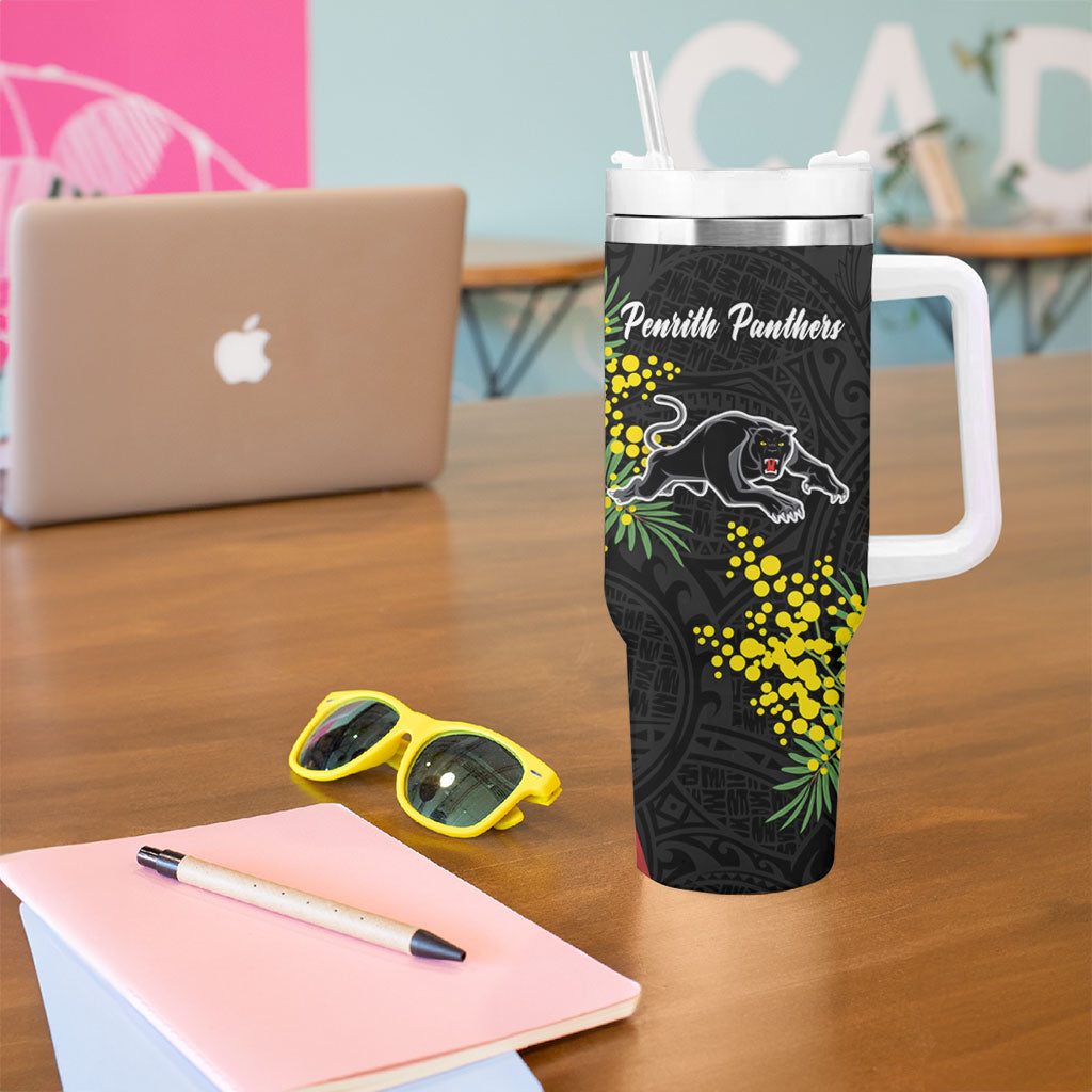 Penrith Panthers Tumbler With Handle Golden Wattle Floral Polynesian - Australian Flower - Rugby Mascot