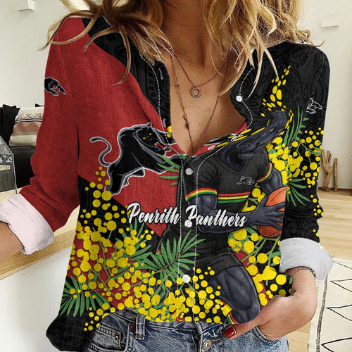 Penrith Panthers Women Casual Shirt Golden Wattle Floral Polynesian - Australian Flower - Rugby Mascot