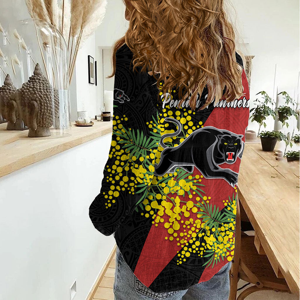 Penrith Panthers Women Casual Shirt Golden Wattle Floral Polynesian - Australian Flower - Rugby Mascot
