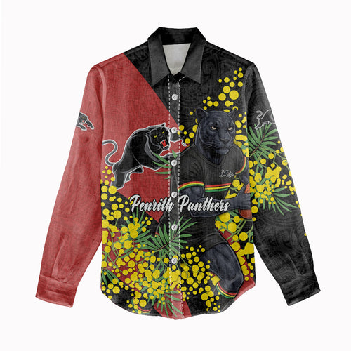 Penrith Panthers Women Casual Shirt Golden Wattle Floral Polynesian - Australian Flower - Rugby Mascot