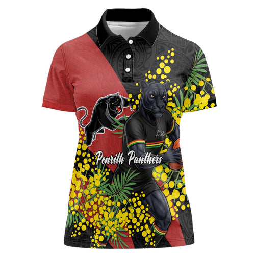 Penrith Panthers Women Polo Shirt Golden Wattle Floral Polynesian - Australian Flower - Rugby Mascot