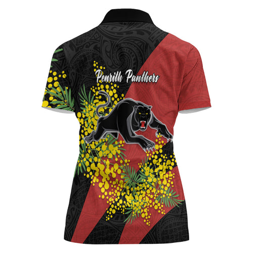 Penrith Panthers Women Polo Shirt Golden Wattle Floral Polynesian - Australian Flower - Rugby Mascot