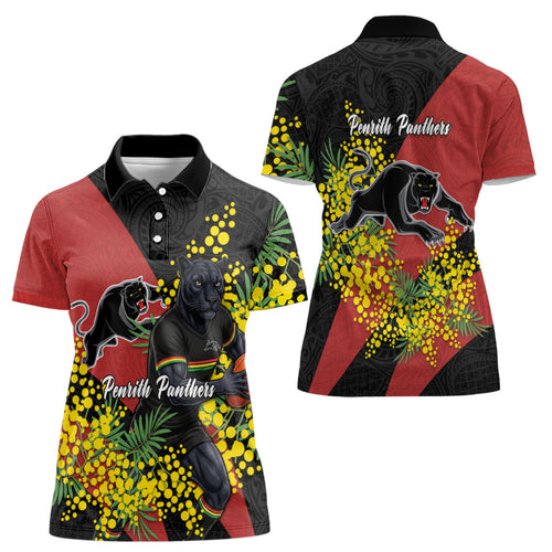 Penrith Panthers Women Polo Shirt Golden Wattle Floral Polynesian - Australian Flower - Rugby Mascot