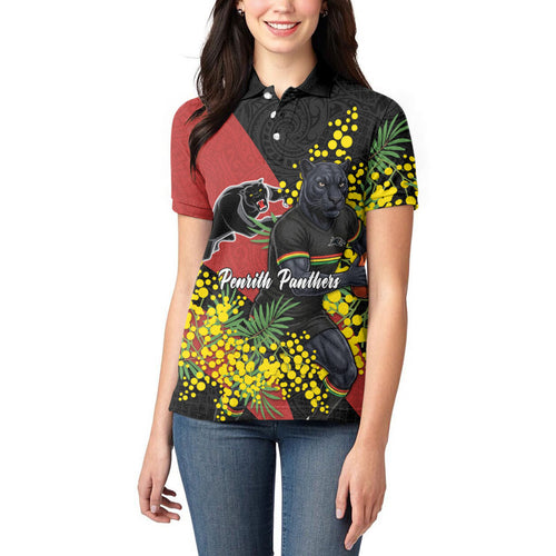 Penrith Panthers Women Polo Shirt Golden Wattle Floral Polynesian - Australian Flower - Rugby Mascot