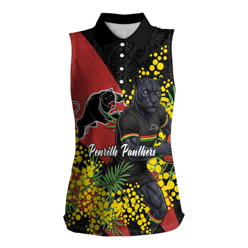 Penrith Panthers Women Sleeveless Polo Shirt Golden Wattle Floral Polynesian - Australian Flower - Rugby Mascot