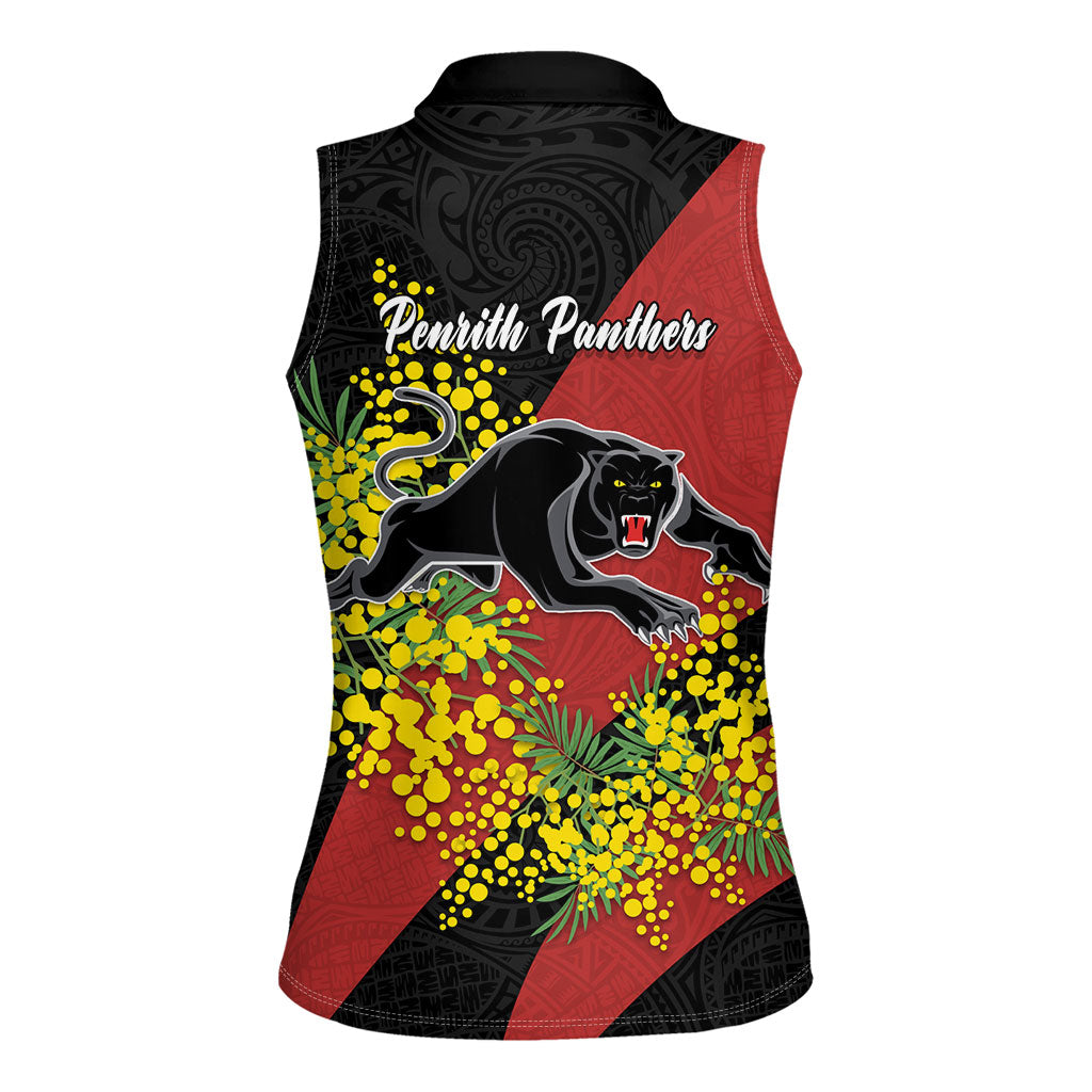 Penrith Panthers Women Sleeveless Polo Shirt Golden Wattle Floral Polynesian - Australian Flower - Rugby Mascot