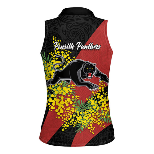 Penrith Panthers Women Sleeveless Polo Shirt Golden Wattle Floral Polynesian - Australian Flower - Rugby Mascot